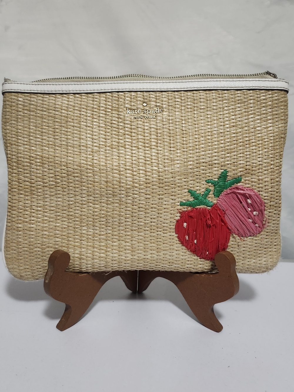 kate spade Natural Straw Zip Pouch with Red & Pink Strawberry Appliqué